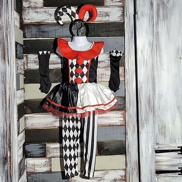 Court Jester Red, White, & Black Costume Girl's Size 4-6T - Picture 2 of 10